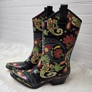 RIDE TEC Brown Paisley Floral Print Slip On Rubber Cowboy Rain Boots Sz 10
